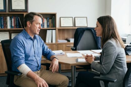 Homme d'âge moyen en bureau avec bras bandage et conseiller
