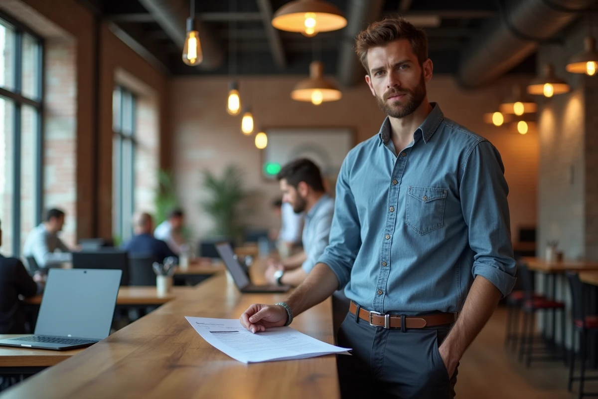 Jeune homme présentant un plan d'affaires imprimé dans un espace de coworking moderne, illustrant la méthode de création d'entreprise