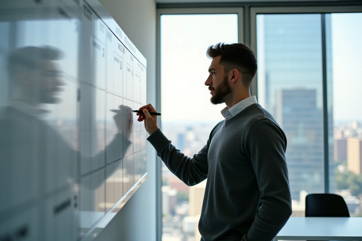 Jeune homme planifiant sur un tableau mural au bureau