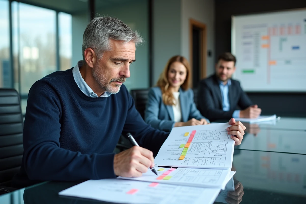 Homme en pull navy consultant un planning annuel imprimé avec des fiches de couleur pour organiser les congés et jours ouvrés 2026