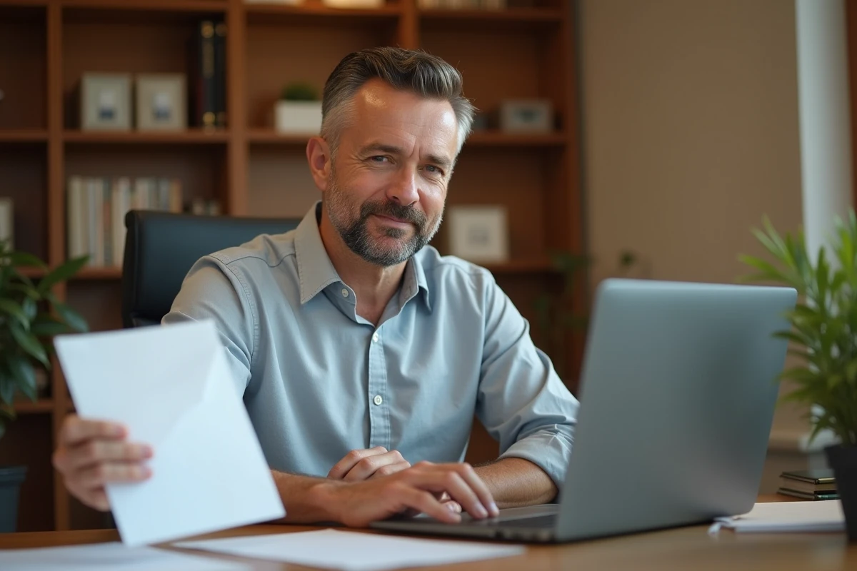 Homme en télétravail préparant sa lettre de démission sur ordinateur à domicile