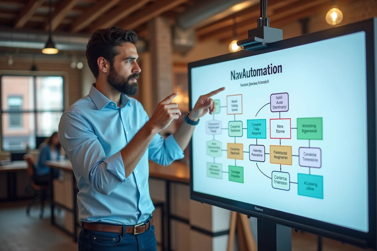 Homme expliquant un flowchart marketing dans un espace ouvert