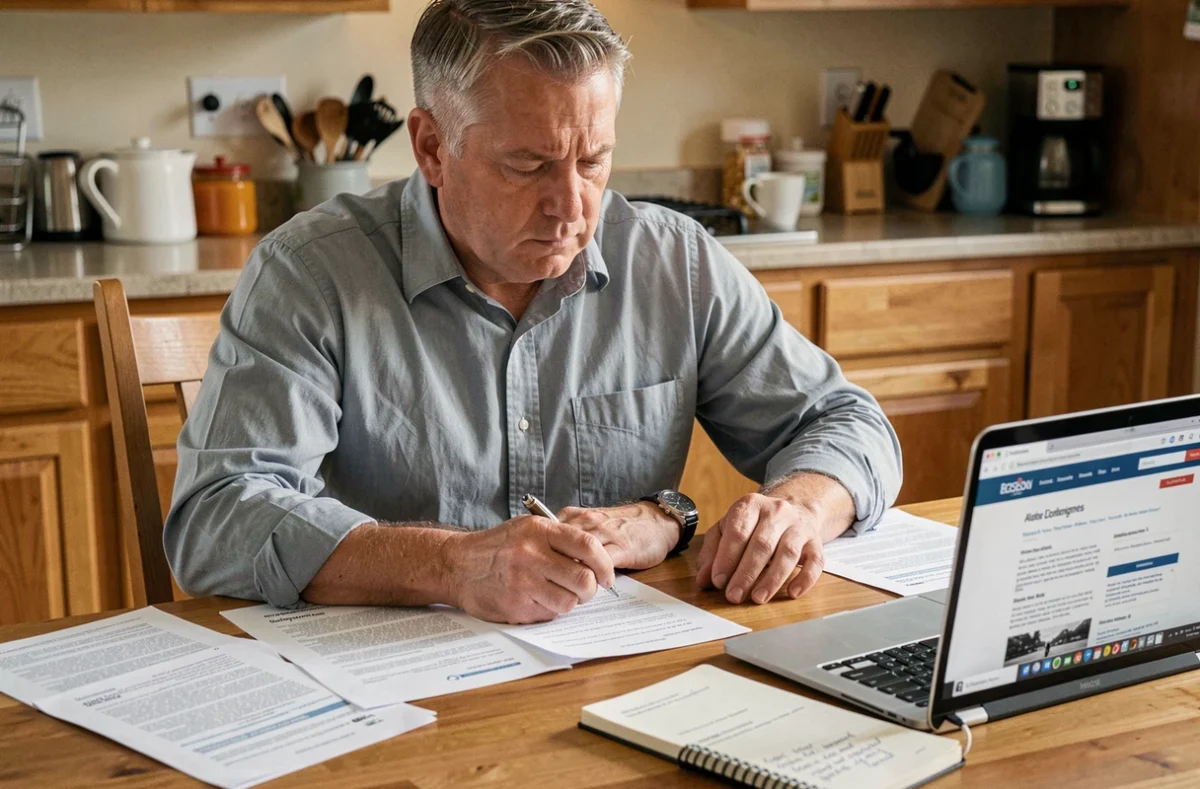 Homme étudiant des documents juridiques sur le chômage et le licenciement à son domicile entouré de papiers et d'un ordinateur portable