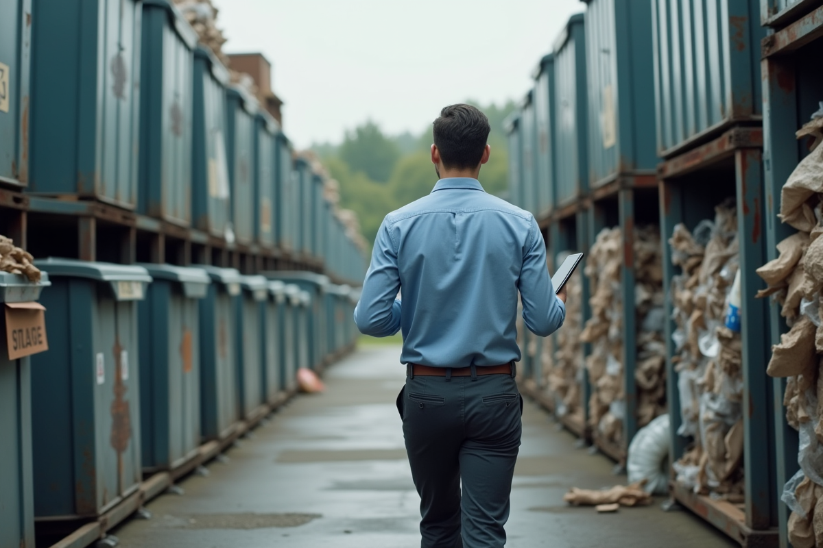 Homme en tenue décontractée inspectant une zone de recyclage