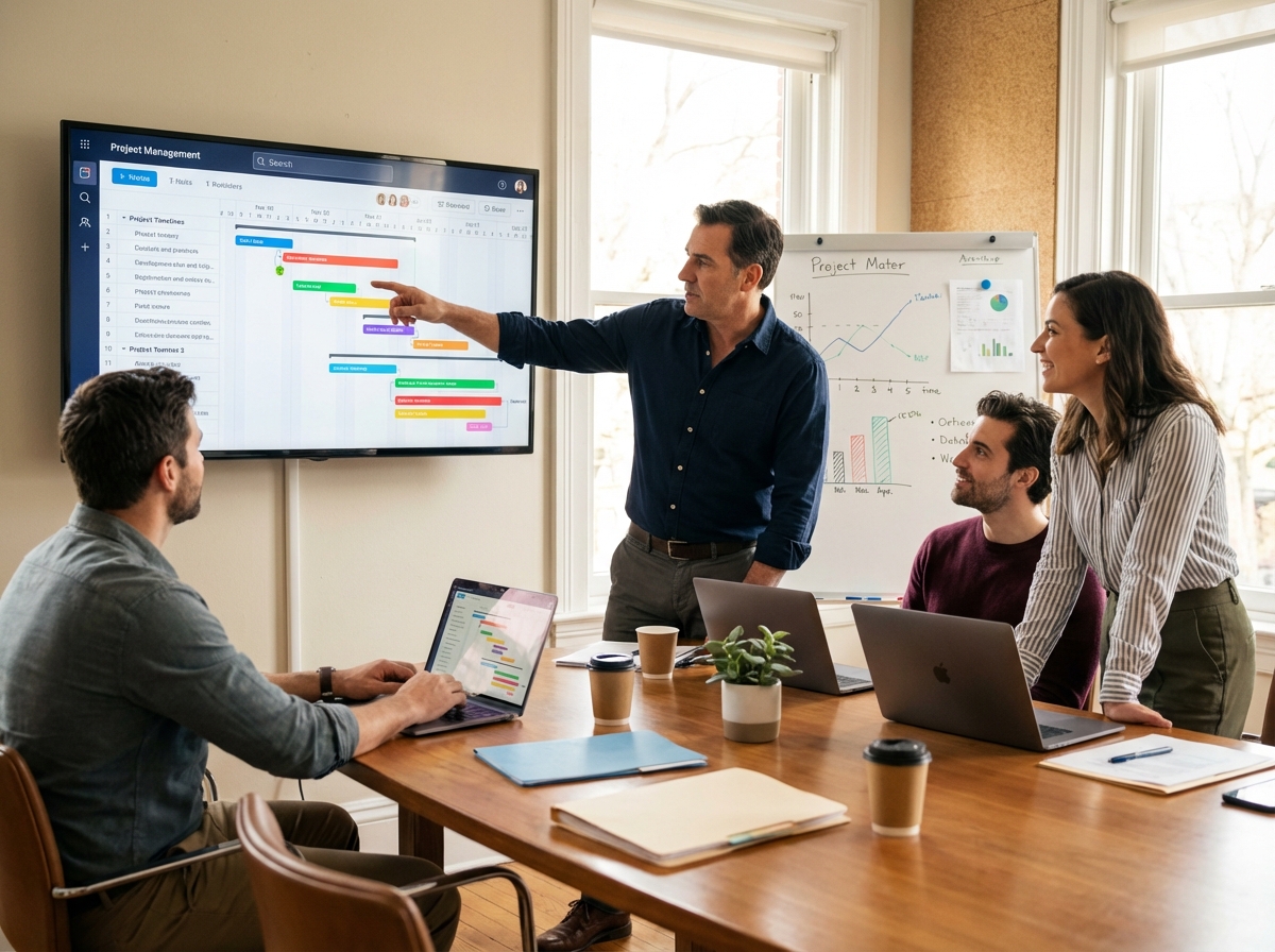 Homme en réunion pointant un écran de gestion du temps