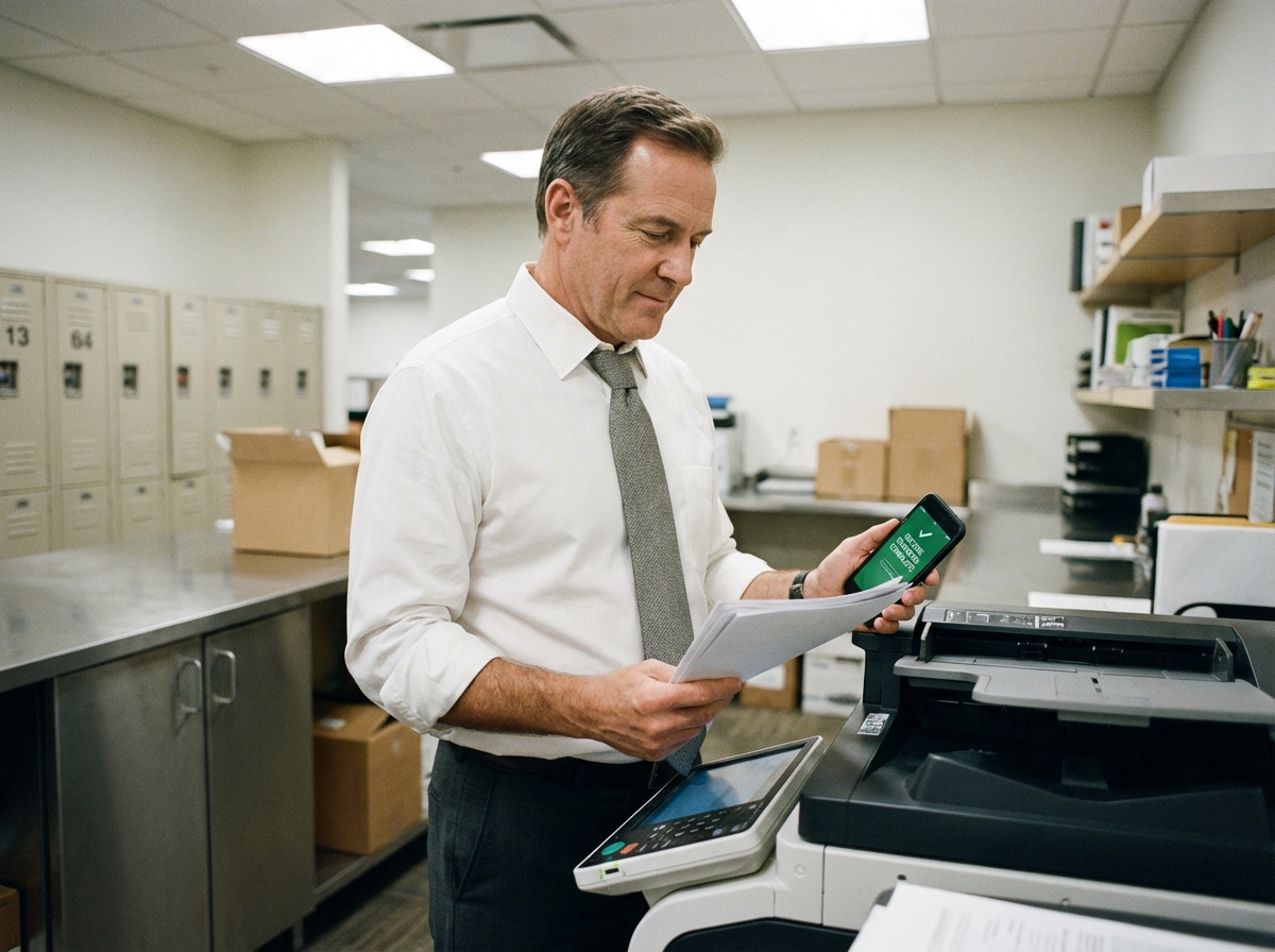 Homme scannant des documents dans un espace de travail d entreprise