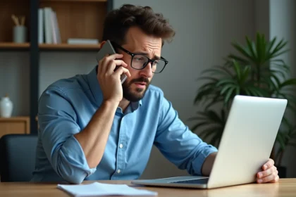 Homme inquiet au téléphone dans un bureau moderne
