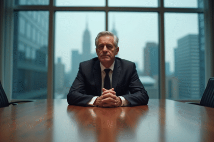 Homme d'âge moyen en costume sombre dans un bureau moderne