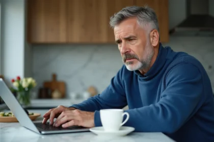Homme d'âge moyen dans une cuisine moderne utilisant son ordinateur