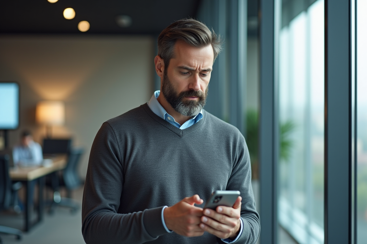 Homme d affaires avec smartphone dans un bureau moderne
