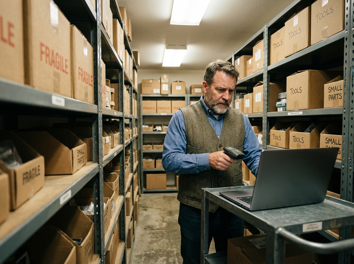 Homme vérifiant des stocks dans un entrepôt organisé
