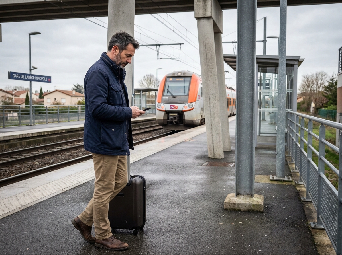 Homme avec valise sur la plateforme de Toulouse