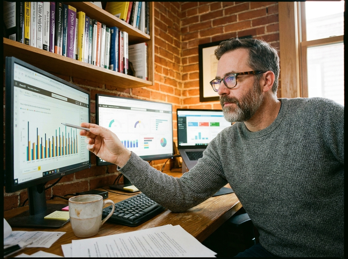 Homme à lunettes travaillant sur plusieurs écrans affichant des visualisations de données Power BI dans un bureau à domicile