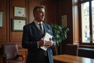 Homme d'âge moyen en costume dans un bureau de mairie