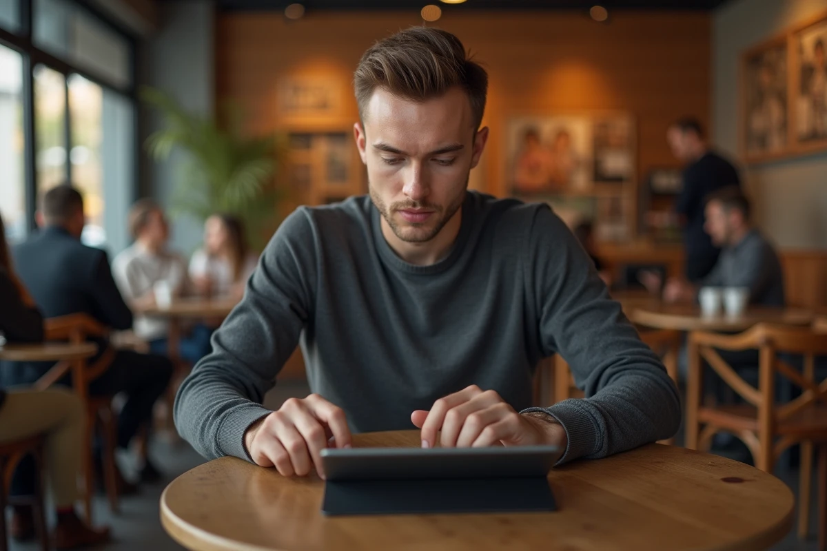 Homme utilisant une tablette dans un café chaleureux