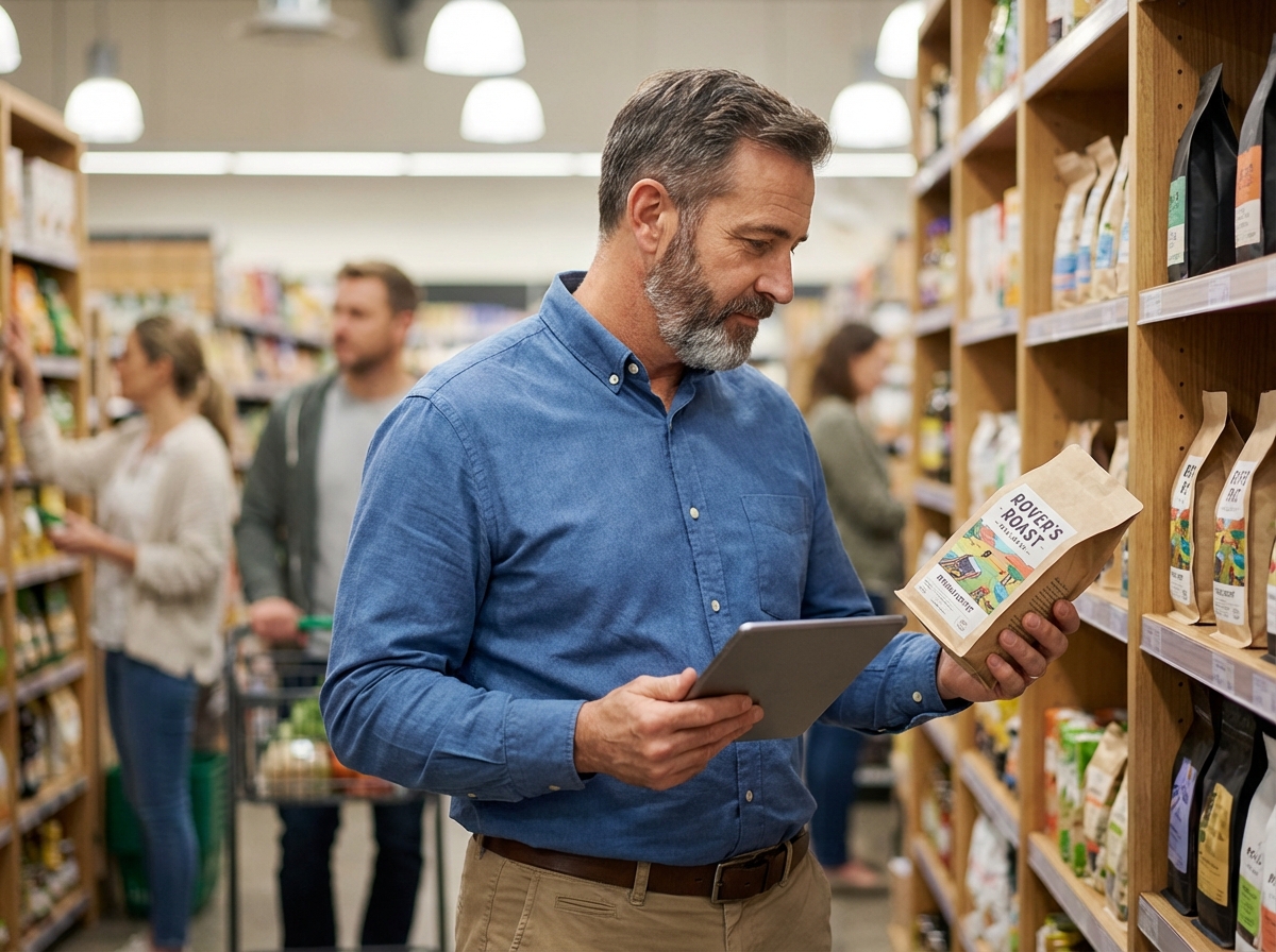 Homme inspectant un produit avec étiquette dans un magasin