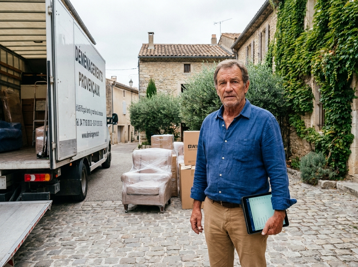 Homme vérifiant un inventaire sur une tablette devant un camion de déménagement