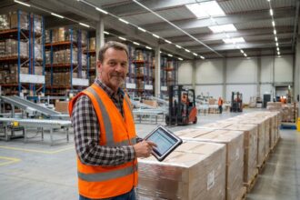 Homme en gilet haute visibilité dans un entrepôt moderne