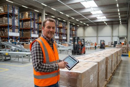 Homme en gilet haute visibilité dans un entrepôt moderne