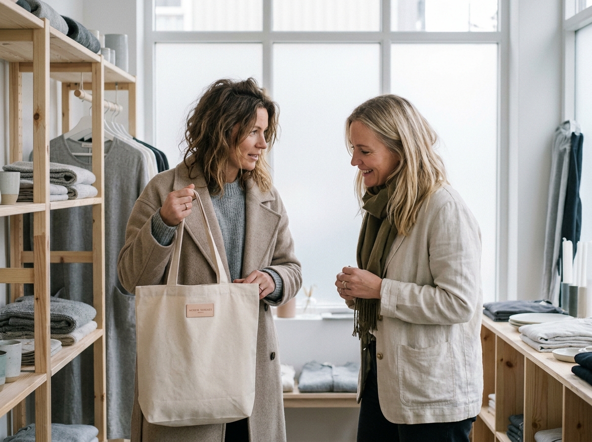 Influenceuse conseillant une cliente dans une boutique scandinave, renforçant la confiance avant l'achat grâce à son avis