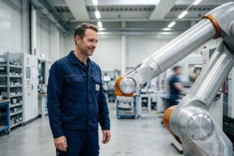 Ingénieur industriel supervisant un bras robotique articulé dans une usine moderne, illustrant l'innovation technologique en entreprise