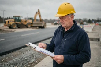 Ingénieur de travaux publics consultant des documents de devis sur un chantier routier actif avec engins de terrassement en arrière-plan