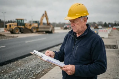 Ingénieur de travaux publics consultant des documents de devis sur un chantier routier actif avec engins de terrassement en arrière-plan