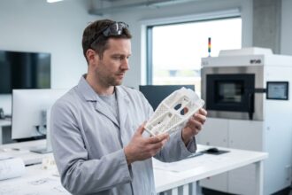 Ingénieur examinant une pièce technique complexe imprimée en 3D par frittage sélectif laser SLS dans un atelier de conception industrielle moderne