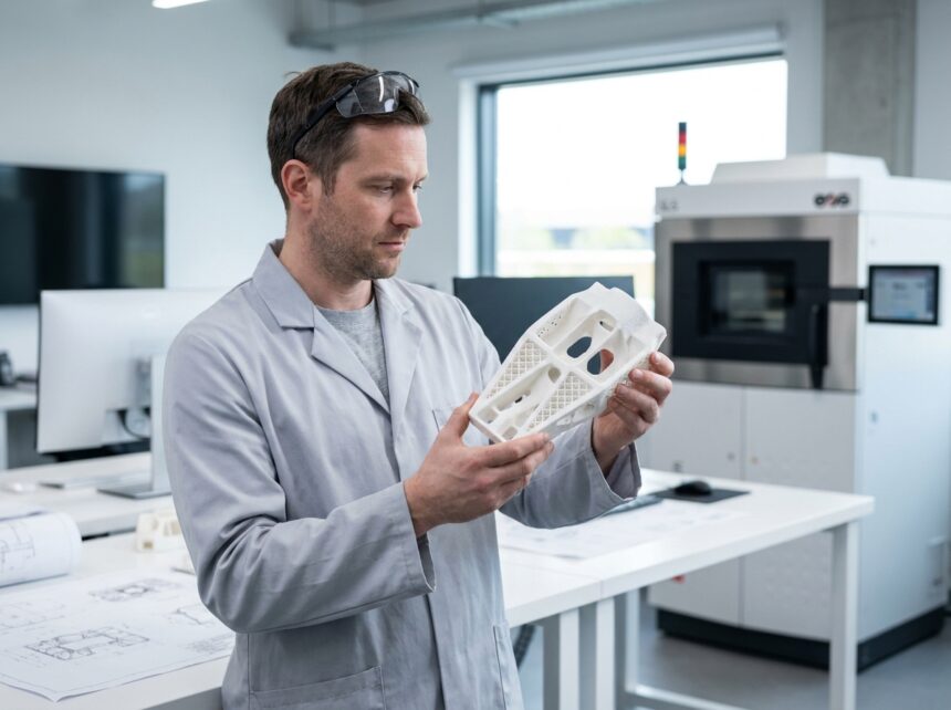 Ingénieur examinant une pièce technique complexe imprimée en 3D par frittage sélectif laser SLS dans un atelier de conception industrielle moderne