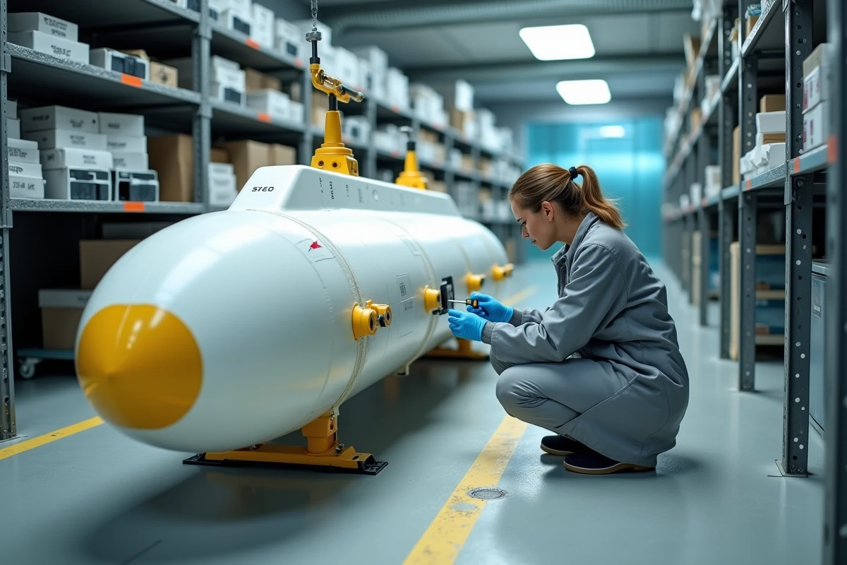 Ingénieure inspectant un véhicule sous-marin autonome AUV dans un laboratoire de robotique marine