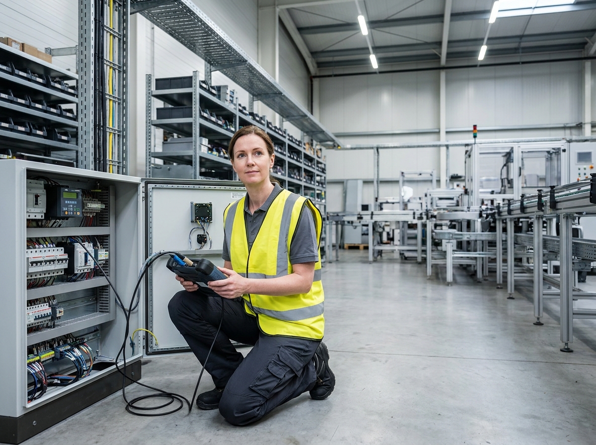 Ingénieure réalisant un diagnostic sur un tableau électrique automatisé lors d'une opération de maintenance préventive en atelier