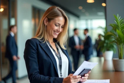Femme d'affaires consultant son agenda lors d'une inscription à un salon B2B professionnel