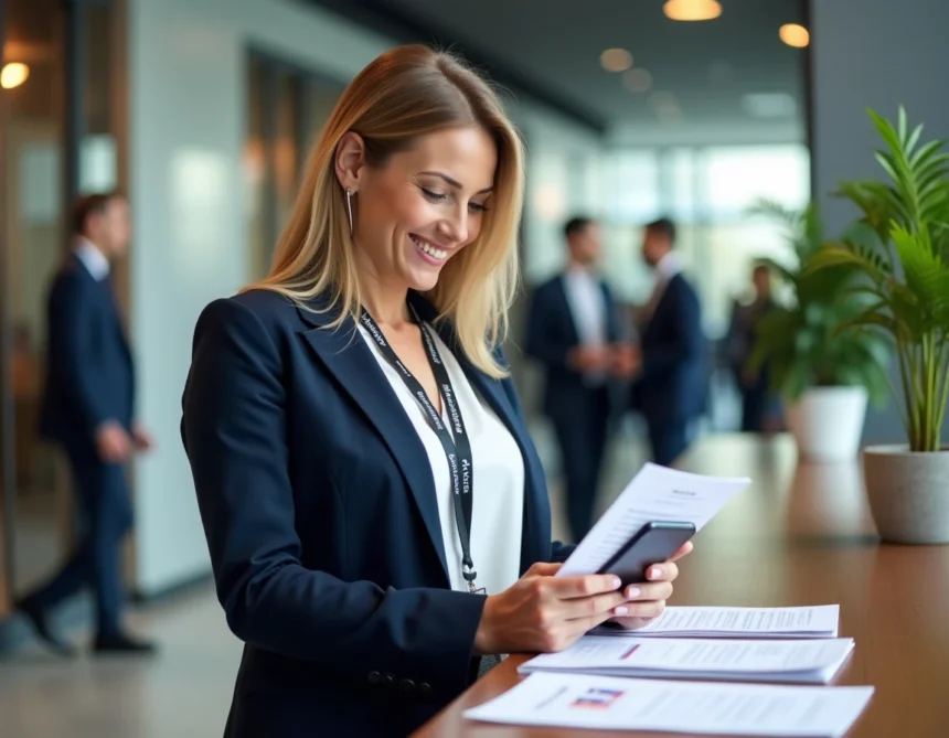 Femme d'affaires consultant son agenda lors d'une inscription à un salon B2B professionnel