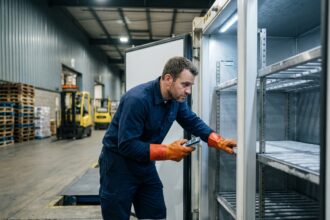 Technicien en logistique inspectant l'intérieur d'un container frigorifique sur un quai de chargement industriel