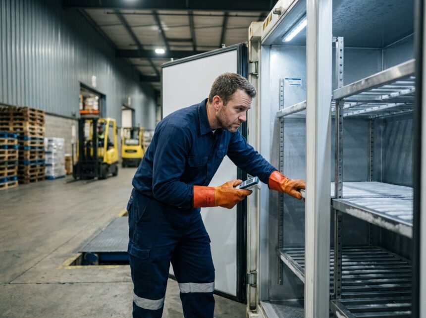 Technicien en logistique inspectant l'intérieur d'un container frigorifique sur un quai de chargement industriel