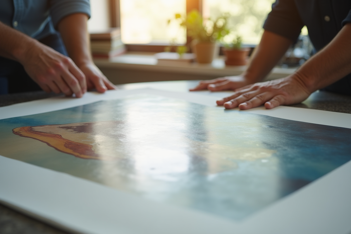 Personne inspectant une grande impression d'art sous lumière naturelle