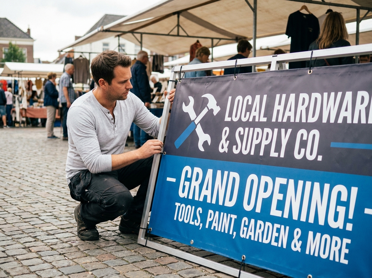 Homme installant une banderole vinyle professionnelle sur un stand de marché en plein air, mise en avant du soin apporté à la communication visuelle d'un commerce local