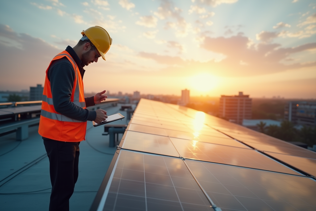 Ingénieur vérifiant des panneaux solaires au lever du soleil sur un toit
