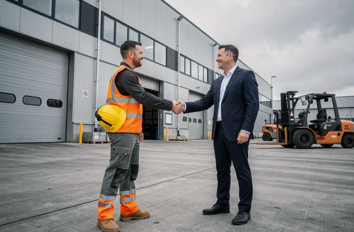 Travailleur intérimaire en gilet de sécurité serrant la main d'un responsable devant un entrepôt industriel en Normandie