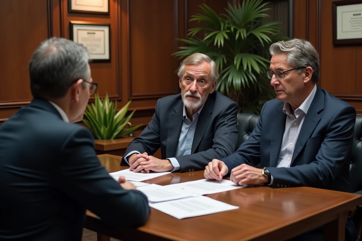Couple d'investisseurs en réunion avec un conseiller financier pour évaluer la fiabilité d'un fonds d'investissement