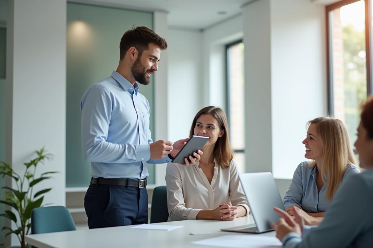 Jeune agent d assurance montrant un portail en ligne avec une cliente