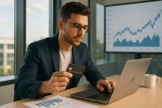 Jeune entrepreneur utilisant un ordinateur portable avec une carte de crédit
