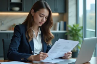 Jeune femme d'affaires examine un CV dans un bureau moderne