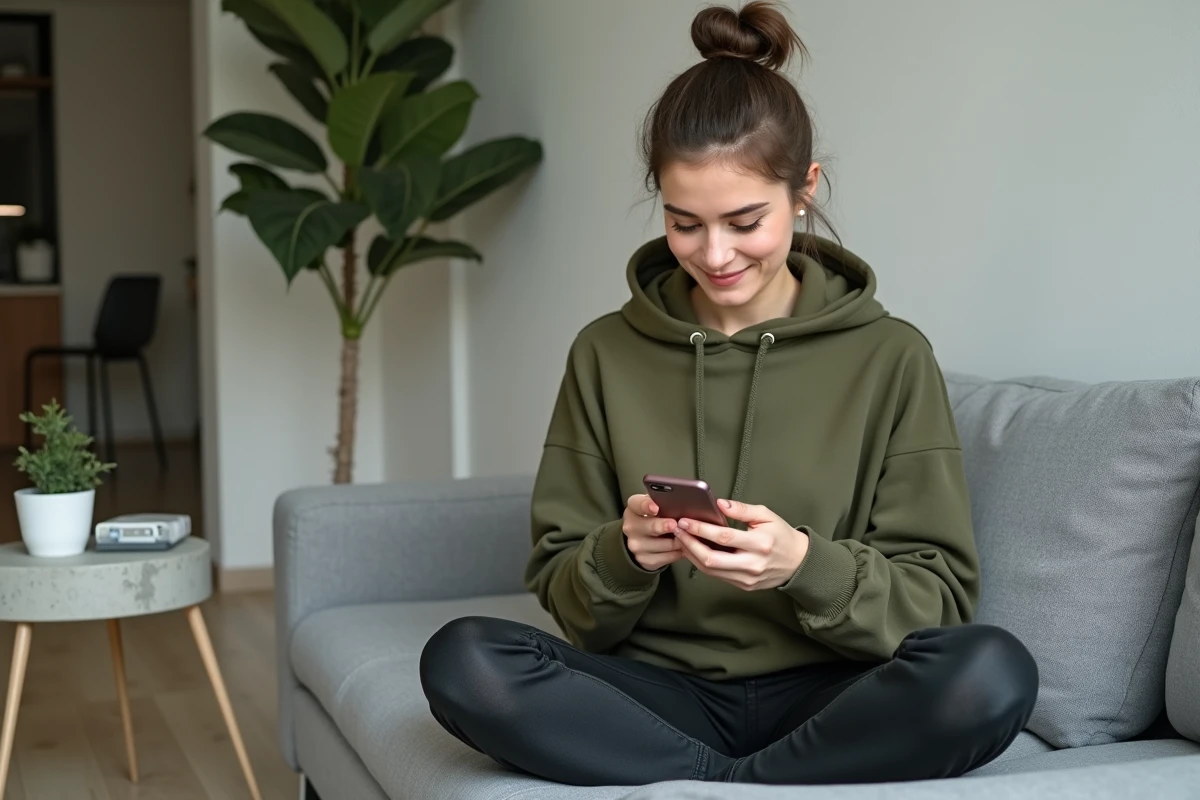 Jeune femme utilisant l'application mobile de La Poste sur son smartphone pour accéder à ses avantages postaux