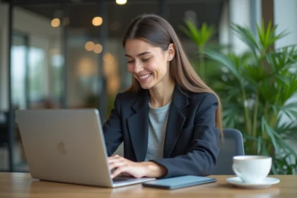 Jeune femme professionnelle travaillant sur son blog au bureau