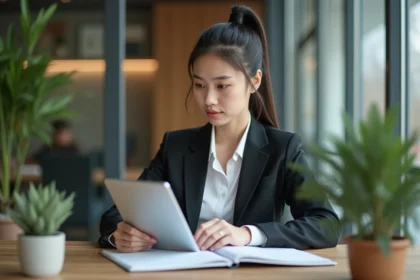 Jeune femme au bureau moderne avec tablette et carnet