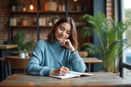 Jeune femme lisant dans un café lumineux et calme