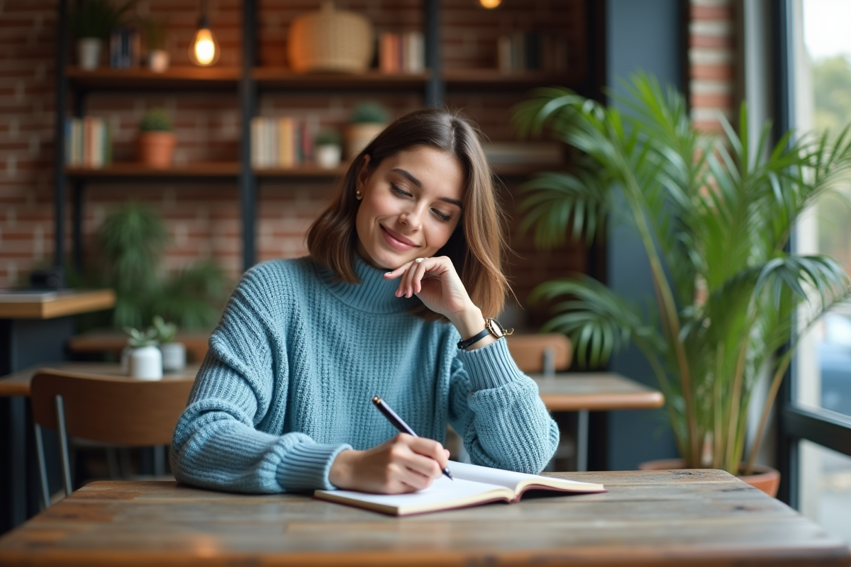 Jeune femme lisant dans un café lumineux et calme