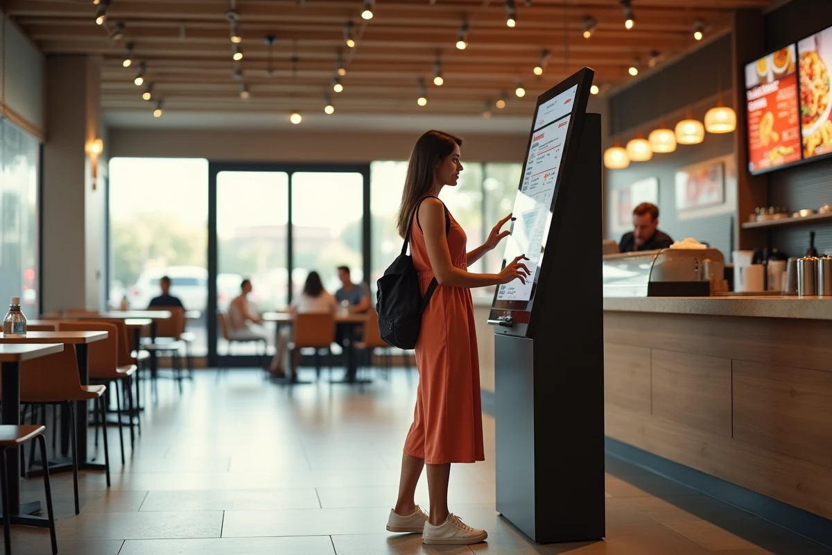 Jeune femme corsicaine utilisant un kiosk de commande