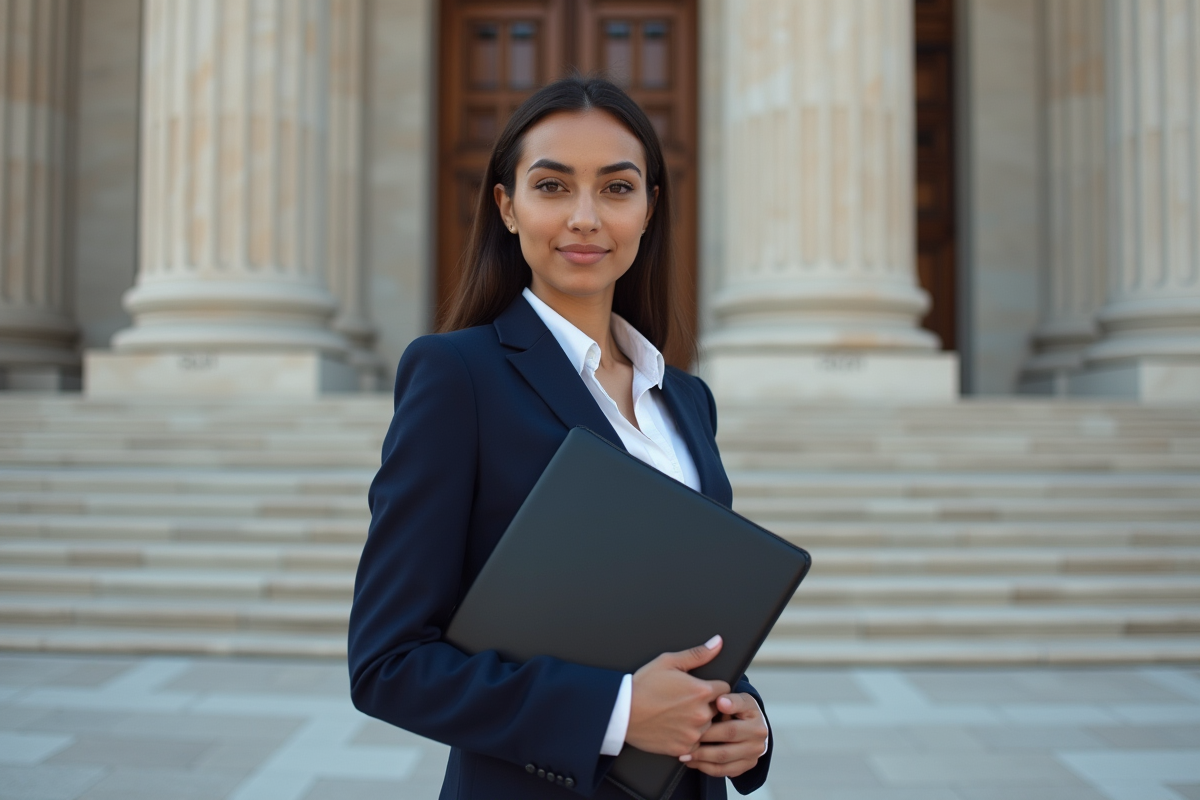 Jeune femme confiante devant un bâtiment gouvernemental en marbre